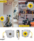 40 Ft Retractable Heavy Duty Extension Cord Reel With Three Outlets 12 Gauge Outdoor Power Cable Mounted in Workshop