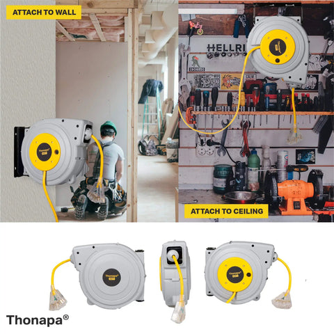 40 Ft Retractable Heavy Duty Extension Cord Reel With Three Outlets 12 Gauge Outdoor Power Cable Mounted in Workshop