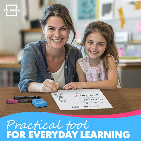 Child using Dry Erase Ten Frame Area Model Board For Kids 9 By 12 Inch Double Sided Whiteboard with adult in classroom setting.