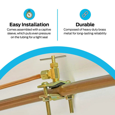 Self Tapping Saddle Valve For Ice Maker And Refrigerator Lines Brass Quarter Inch Quick Connect Low Pressure Water Supply Tap Kit With Gasket And Easy Install on copper pipe