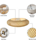 Vintage Drum Shape Bamboo Ceiling Light Flush Mount Handwoven Weave Handmade Farmhouse Style Lighting For Living Room And Bedroom Cozy Soft Glow Eco Friendly Natural Material 40cm Wide with breakdown of components including lamp socket, mounting bracket, bulb base, and bamboo shade detail.