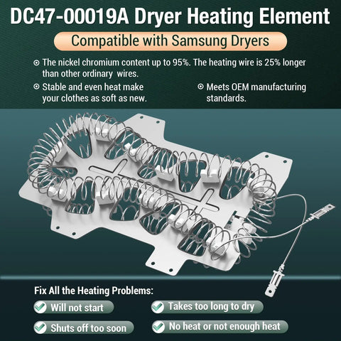 DC47-00019A Dryer Repair Kit With Heating Element And Thermostat for Samsung dryers, silver finish, details of coil and parts.