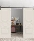84 By 96 Inch Double Barn Door Set With Creamy Painted Solid Panel Interior Doors And 13Ft Silver Rail Track Kit Installed