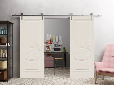 84 By 96 Inch Double Barn Door Set With Creamy Painted Solid Panel Interior Doors And 13Ft Silver Rail Track Kit Installed