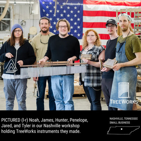 Triangle Percussion Instrument Handcrafted In USA By Nashville Small Biz, Premium Alloy Triangle For Rich, Warm Chime Tone, Supports American Jobs, Made In Tennessee Music Gear, group in workshop