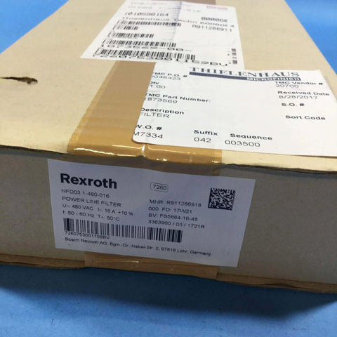 Boxed Single 16 Amp 3-Pole Power-Line Filter 480 VAC 50-60 Hz Industrial EMI/RFI Noise Suppression unit on blue background
