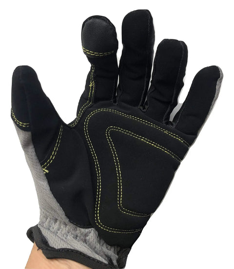 Rugged 3 Pair Utility Work Gloves Set For Heavy Duty Jobs Red Gray Yellow Comfort Fit And Strong Grip Hand Protection palm view