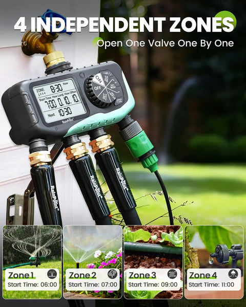 4 Zone Easy Sprinkler Timer for Garden Hose and Soaker Hoses with Rain Delay Manual and Automatic Watering Digital Irrigation System for Yard and Lawn Brass Inlet attached to faucet with multiple settings displayed.