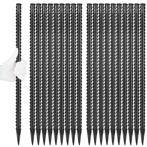 Twenty Pack Of 24 Inch Straight Rebar Stakes With One Half Inch Diameter Steel For Heavy Duty Ground Anchors In Landscaping Concrete Forms Camping Or Trapping Chisel Point End For Easy Insertion in a row with one held by a gloved hand