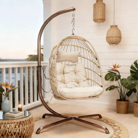 Outdoor Egg Chair With Stand For Patio Backyard Hanging Swing Chair With Foldable Rattan UV Resistant Padded Cushion 350 Lb Capacity Beige Cozy And Chill on porch