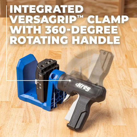 Pocket Hole Jig For Woodworking And Carpentry, Compatible With Materials From Half To One And A Half Inch Thick, Includes Sixty Pocket Hole Screws, GripMaxx Anti Slip Clamping, VersaGrip Rotating Handle, Premium New Model For DIY Enthusiasts shown with integrated VersaGrip clamp and rotating handle on wood surface.