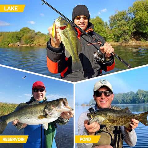 Three anglers holding fish in different locations with Bronze Warrior Toray IM6 Carbon Matrix Telescopic Fishing Rod And Spinning Reel Combo.