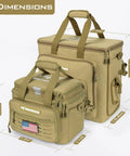 Medium Water Resistant Tackle Bag For Saltwater Or Freshwater Fishing Gear Storage Holds Up To Six 3600 Lure Boxes With Terminal Tackle Lures And Tools Easy Access Wide Mouth Design Built Tough 600D Oxford Material Padded Shoulder Strap And Handle displayed with dimensions and flag patch