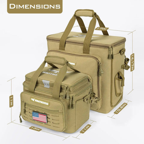 Medium Water Resistant Tackle Bag For Saltwater Or Freshwater Fishing Gear Storage Holds Up To Six 3600 Lure Boxes With Terminal Tackle Lures And Tools Easy Access Wide Mouth Design Built Tough 600D Oxford Material Padded Shoulder Strap And Handle displayed with dimensions and flag patch