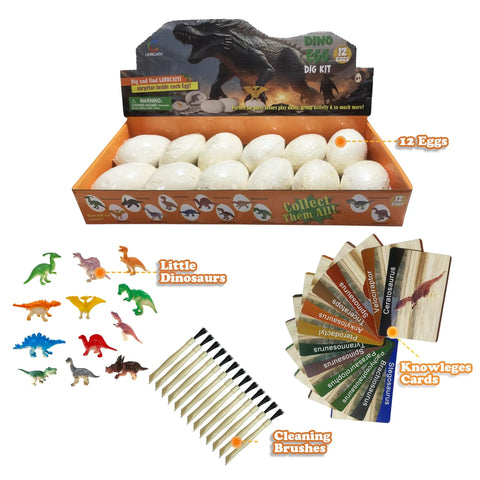 Interactive Dinosaur Eggs Dig Kit with 12 excavation bricks, included dinosaur figurines, brushes, and cards for kids.
