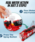 RC Rescue Fire Engine Toy Truck With Lights And Sounds water filling funnel and spray button demo.