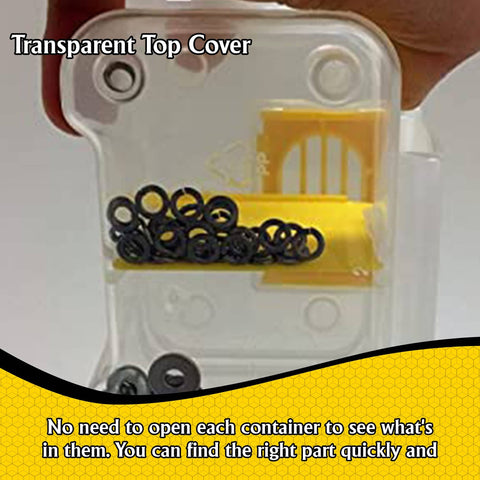 Close-up of Hardware Tackle Box With Removable Compartment Organizer And Reversible Carrying Case with screws visible inside transparent compartment.