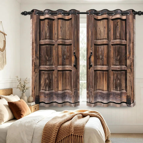 Real Deal Rustic Barn Door Blackout Curtains Featuring Vintage Wood Grain Art Heavy Duty Thermal Insulation Slick Grommet Drapes For Effortless Home Refresh Two Panel Bundle in a cozy bedroom.