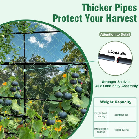 87 Inch Metal Garden Trellis Arch with durable net, black coating, climbing plants, weight capacity details, garden setting