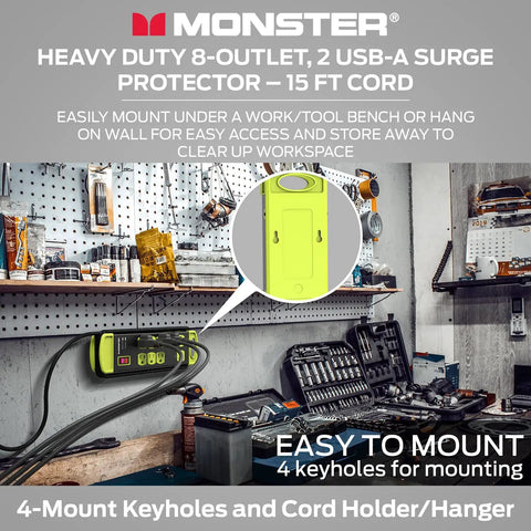 Heavy Duty Garage Power Strip Surge Protector with 8 grounded AC outlets and 2 USB ports mounted on workstation.