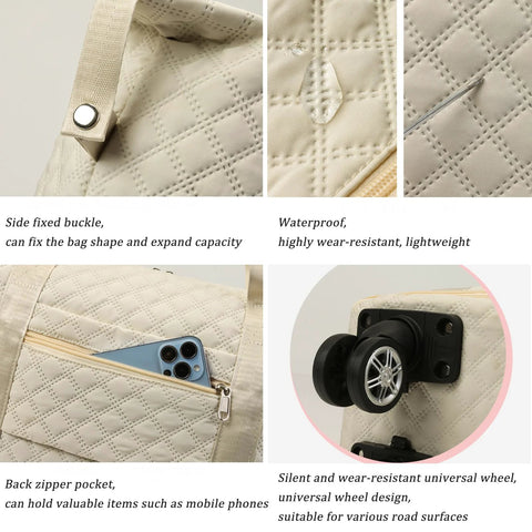 Beige quilted rolling duffle bag with wheels; shows side buckle, back zipper pocket, and attached wheels.
