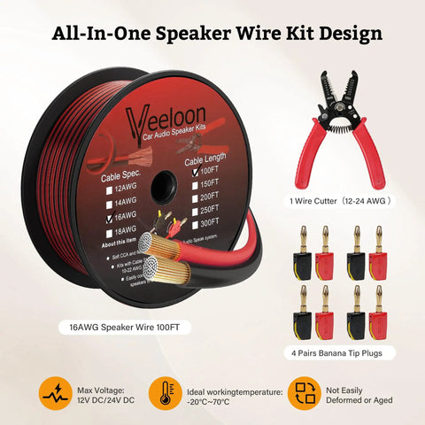 Bang For Your Buck Sixteen Gauge Speaker Wire 100 Feet Kit with banana plugs and cable cutter