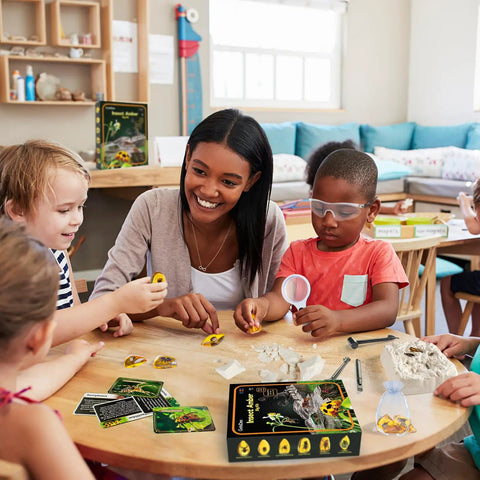 Children and teacher using Amber Dig Kit With Real Insects Encased In Resin Excavate Six Fossil Insects For STEM Geology And Biology Fun Educational Toy For Kids Ages 6 8 12 Perfect Party Favors And Science Kit Gift in classroom.