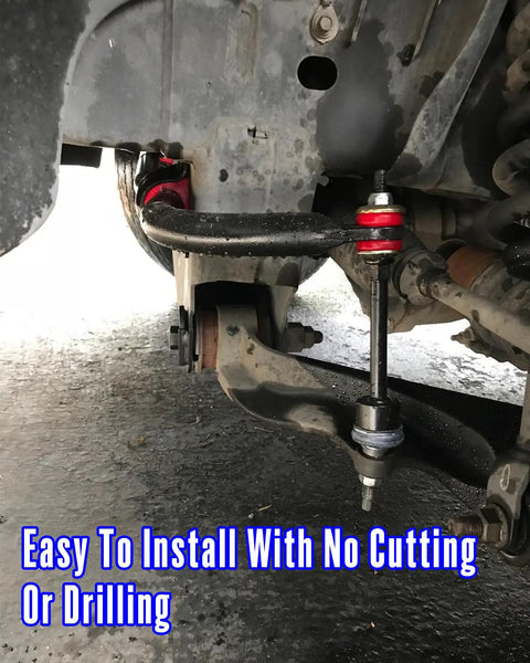 Dodge Ram 1500 Sway Bar End Link With PU Bushings Replacement installed under suspension, red bushings, no cutting or drilling