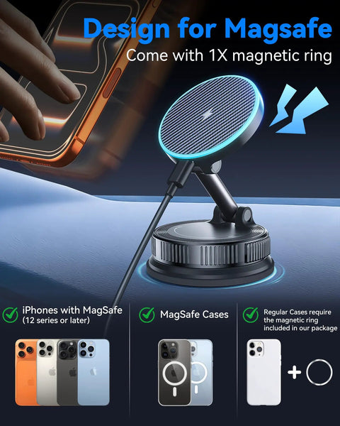 15W MagSafe Car Mount Charger With Vacuum Suction Cup And Nano Adhesive Base on dashboard, fast wireless charging for iPhone and Samsung