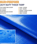 Close-up of blue heavy duty twenty by thirty foot waterproof tarp that's super thick at sixteen mil with water droplets.