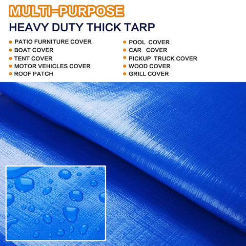 Close-up of blue heavy duty twenty by thirty foot waterproof tarp that's super thick at sixteen mil with water droplets.