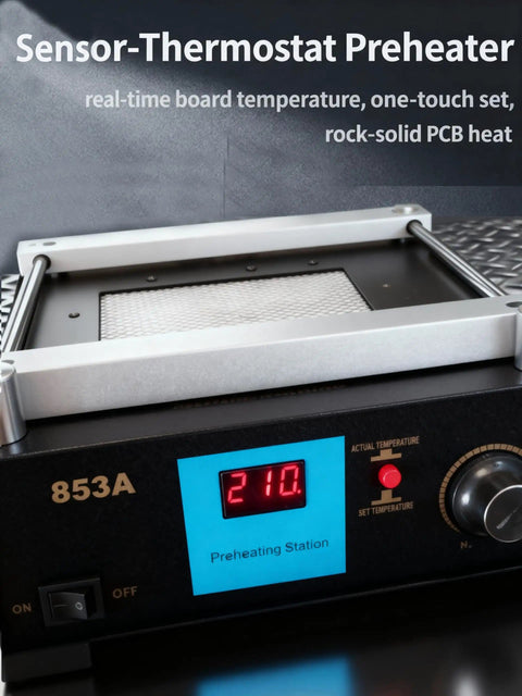 Pro Grade BGA Rework Station With Preheating Oven and Hot Plate 110V 450W, digital display showing temperature, model 853A front view.