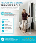 Person using floor to ceiling grab bar with single handle, no drill tension mounted transfer pole for seniors bath safety.