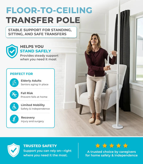 Person using floor to ceiling grab bar with single handle, no drill tension mounted transfer pole for seniors bath safety.