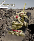 1:28 Scale RC Battle Tank for Kids 6 to 12 climbing rocky terrain at 45-degree angle, showing realistic features