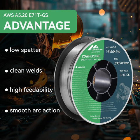 Flux Core Gasless MIG Wire 0.035 Inch E71T-GS Mild Carbon Steel 10 Pound Spool with features like low spatter and clean welds.