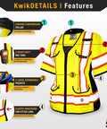 Women's Hi-Vis Class 3 Safety Vest In Bright Yellow With Relaxed Fit And Five Sturdy Cargo Pockets features cushion collar and mic tabs.