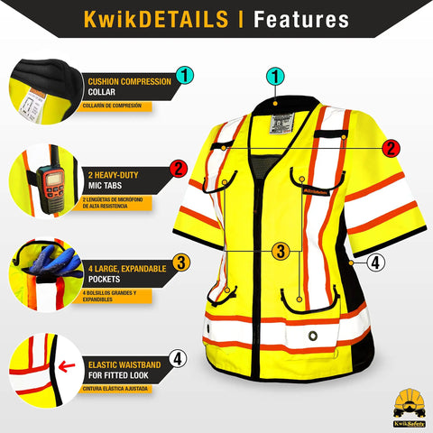 Women's Hi-Vis Class 3 Safety Vest In Bright Yellow With Relaxed Fit And Five Sturdy Cargo Pockets features cushion collar and mic tabs.