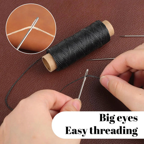 Two Roll Waxed Thread Sewing Kit With Seven Hand Needles for upholstery and repairs, featuring black thread and threading needle