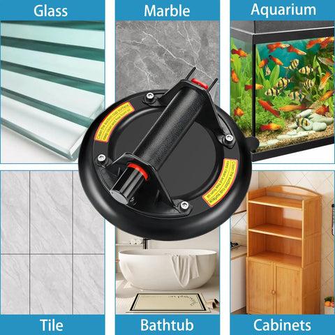8 Inch Glass Suction Cups Set Of 2 With Carrying Case Vacuum Lift For Large Glass Up To 330 Lbs Heavy Duty Industrial Gripper Tools shown lifting surfaces like tile, marble, and glass.
