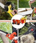 Portable Chainsaw Sharpening Kit With Five Sharpening Heads Hand Crank Jig For 4 To 22 Inch Chainsaws Gloves And Brush shown in use.