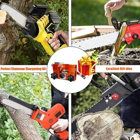 Portable Chainsaw Sharpening Kit With Five Sharpening Heads Hand Crank Jig For 4 To 22 Inch Chainsaws Gloves And Brush shown in use.