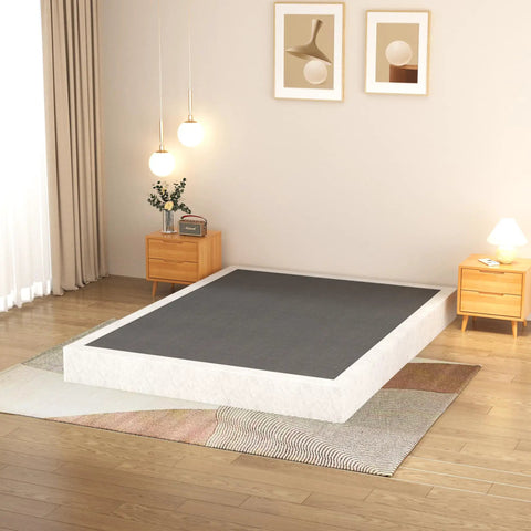 Full Size 5 Inch Low Profile Metal Box Spring Built Tough With Reinforced Steel Rails And Straight Up Rock Solid Support For Thick Mattresses Durable Foundation in modern bedroom setting.