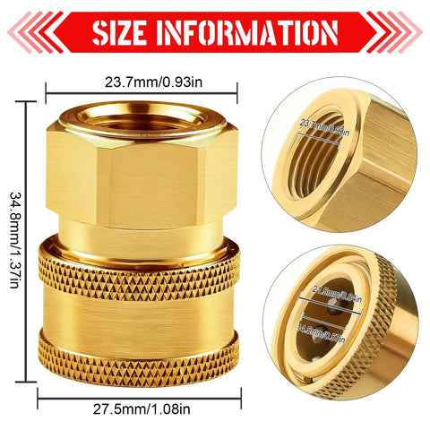 Brass Pressure Washer Quick Connect Fittings 3/8 Inch To Female NPT Socket 2 Pack Heavy Duty No Fuss Boss Grade Couplers size details