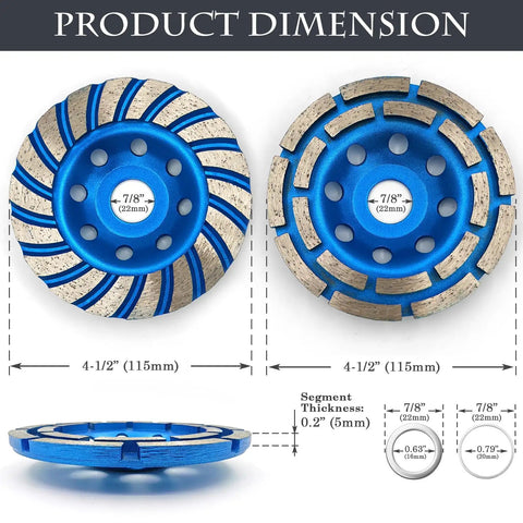 2-Piece Diamond Concrete Grinding Cup Wheel Set, 115mm (4-1/2 Inch), Double Row Plus Turbo Row Segments, Fits 7/8 Inch Arbor