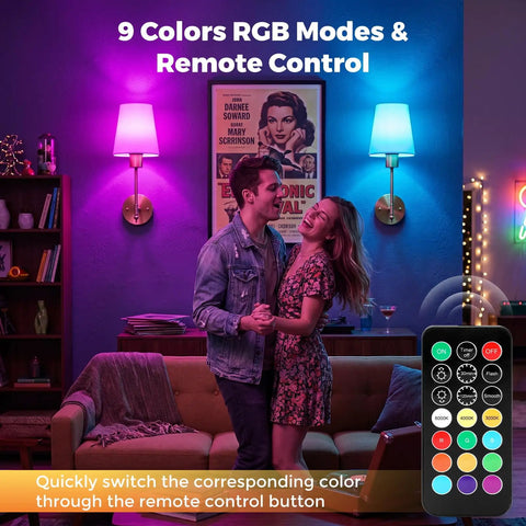 Battery Operated Wall Sconce Set of Two, Wireless Wall Lights with Remote in colorful living room setting.