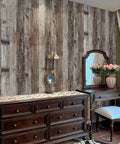 Gray Shiplap Peel And Stick Wallpaper Wood Contact Paper For Walls And Countertops Easy Install Self Adhesive Durable Distressed Look 14.75 Sq Ft Roll 17.7 In By 118.1 In Rustic Woodgrain Finish Home Makeover on a bedroom wall behind a classic dresser and mirror arrangement.