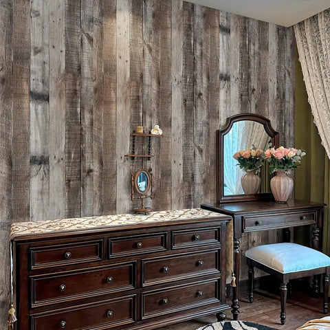 Gray Shiplap Peel And Stick Wallpaper Wood Contact Paper For Walls And Countertops Easy Install Self Adhesive Durable Distressed Look 14.75 Sq Ft Roll 17.7 In By 118.1 In Rustic Woodgrain Finish Home Makeover on a bedroom wall behind a classic dresser and mirror arrangement.
