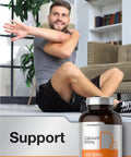 Man exercising at home with a bottle of Calcium 600 Mg With Vitamin D3 Coated Caplets for Women and Men, Vegetarian, Non GMO.