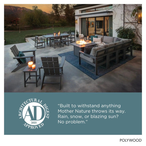 Outdoor patio with Long Island 18 Inch Outdoor Side Table White Weatherproof HDPE Poly Lumber, seating, and firepit